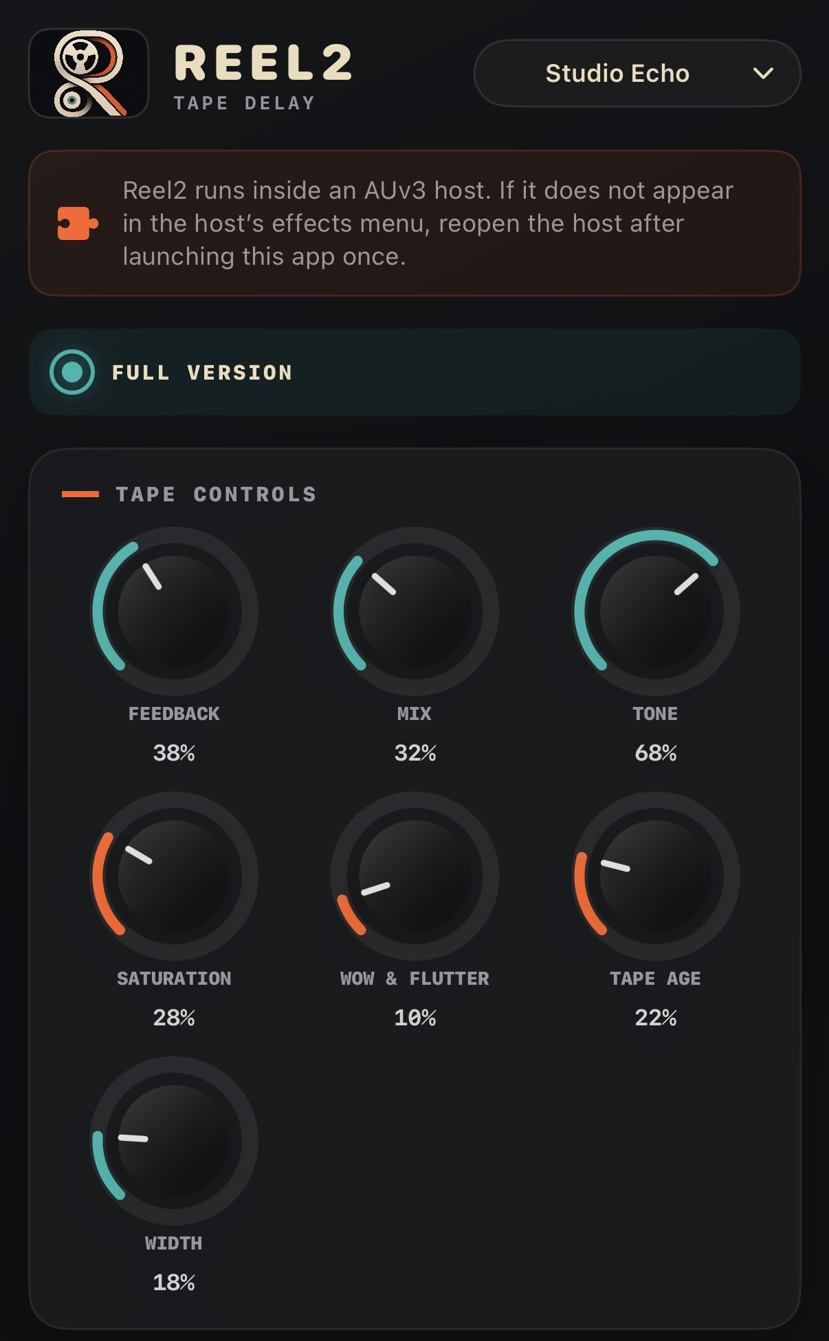 Reel2 tape controls with feedback, mix, tone, saturation, wow and flutter, tape age, and width knobs