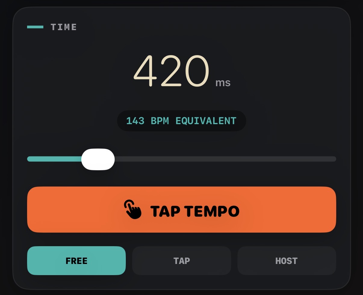 Reel2 time panel with delay time, BPM equivalent, tap tempo, free, tap, and host controls