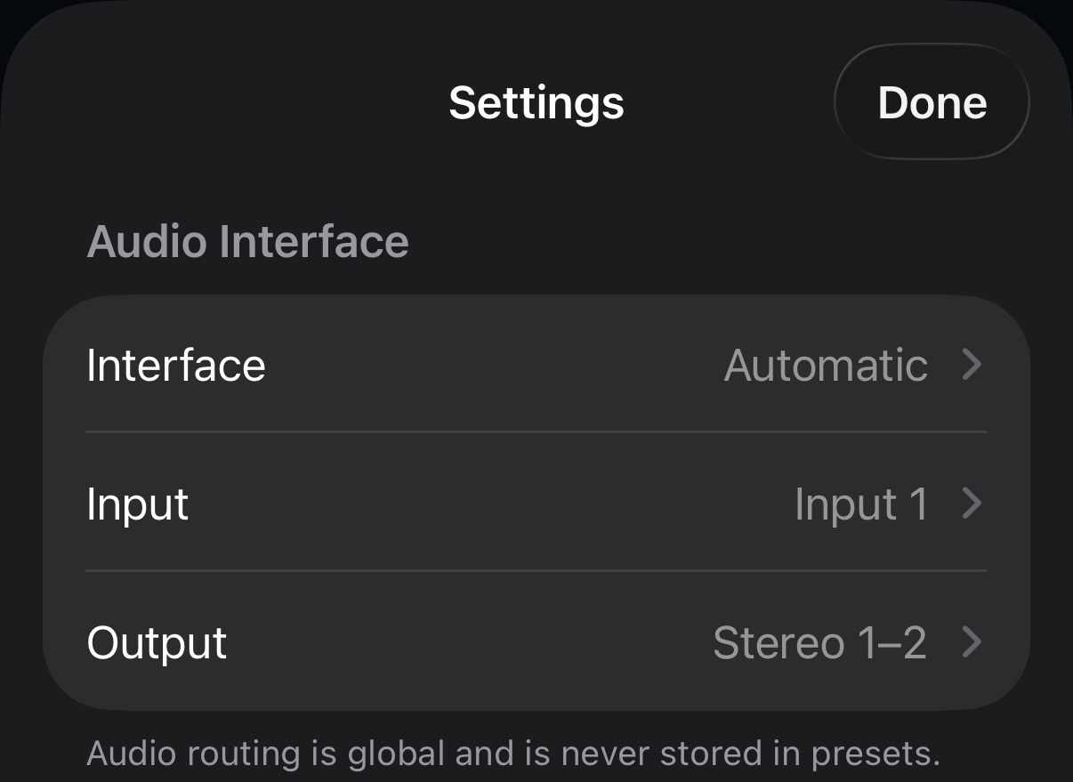 ToneRig Audio Interface settings showing interface, input, and output routing