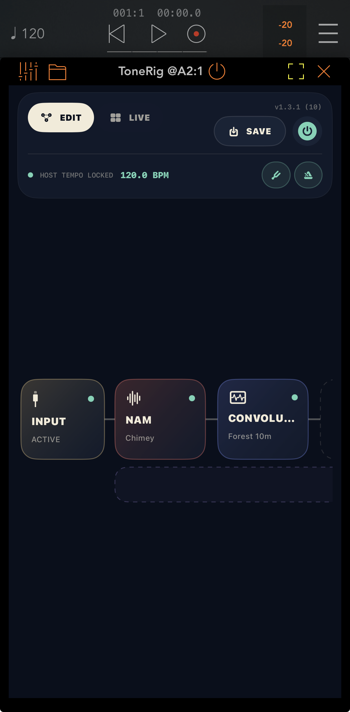 ToneRig AUv3 running inside an audio host with host tempo locked