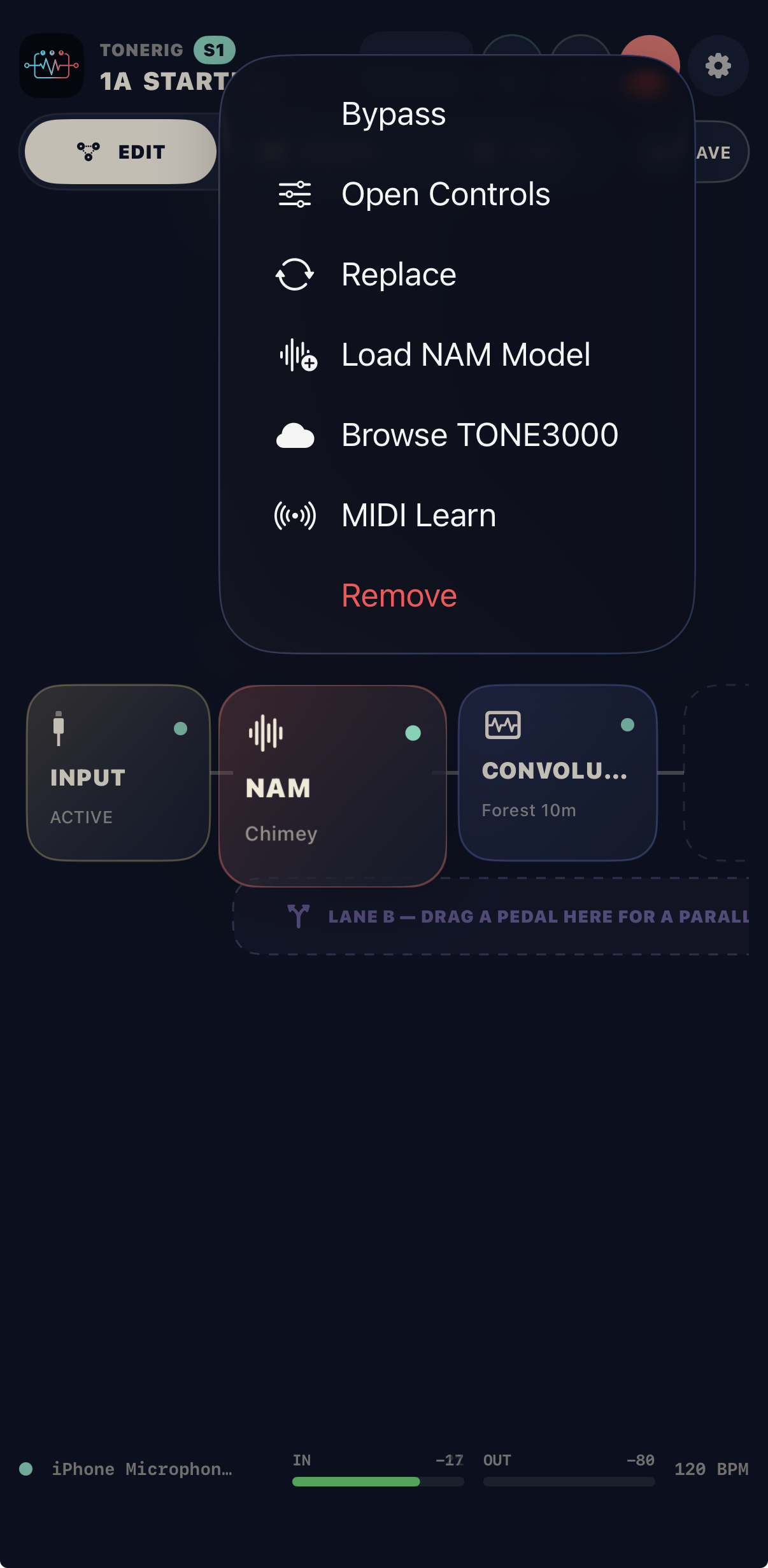 ToneRig NAM block action menu with bypass, controls, replacement, loading, MIDI Learn, and remove actions