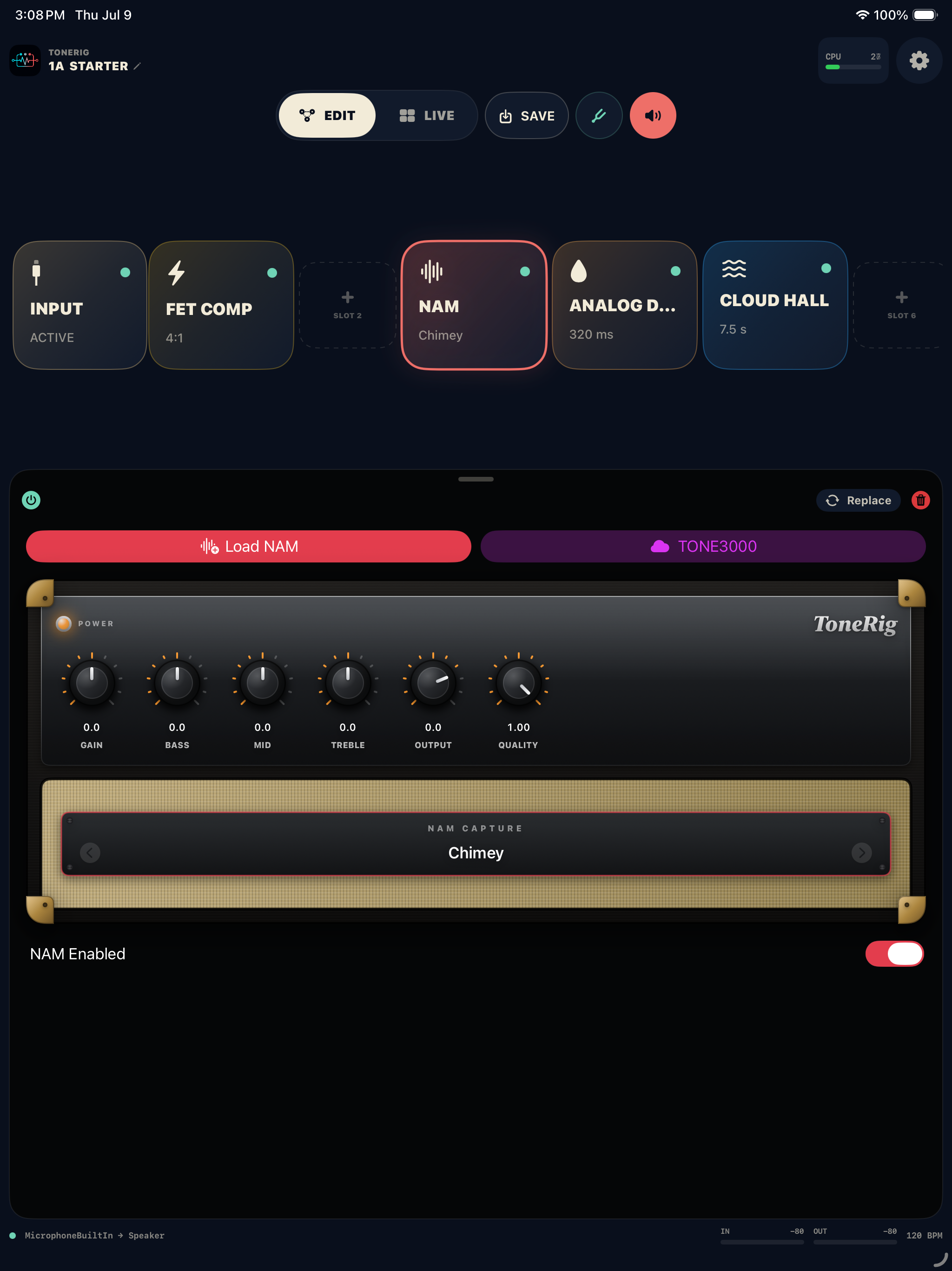 ToneRig signal chain on iPad