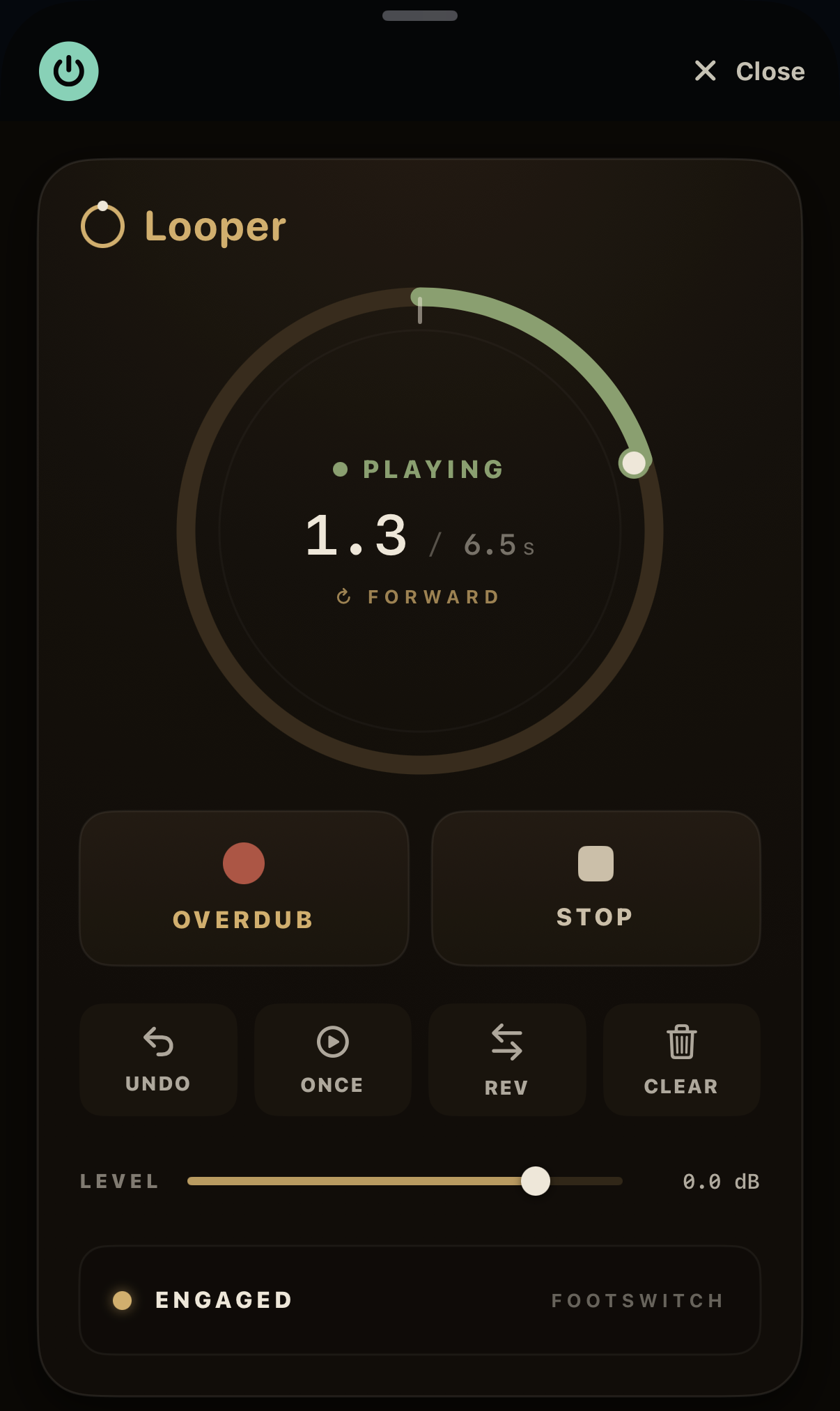 ToneRig Looper editor showing the loop ring mid-playback with overdub, stop, undo, once, reverse, clear, and a loop level control