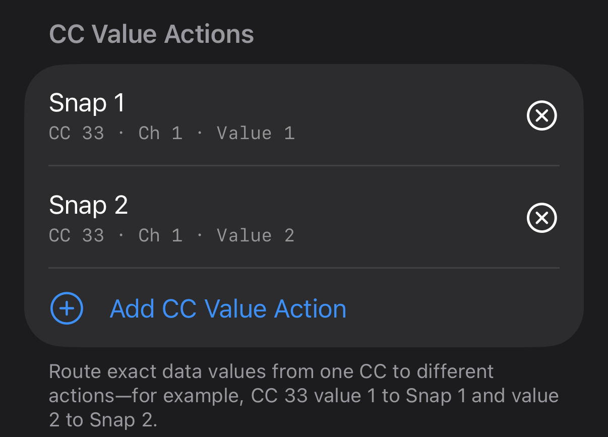 ToneRig CC Value Actions mapping CC 33 values 1 and 2 to two Snaps