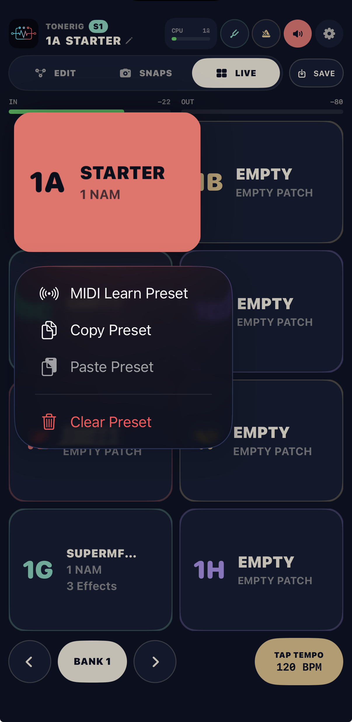 ToneRig preset menu showing MIDI Learn, Copy, Paste, and Clear Preset