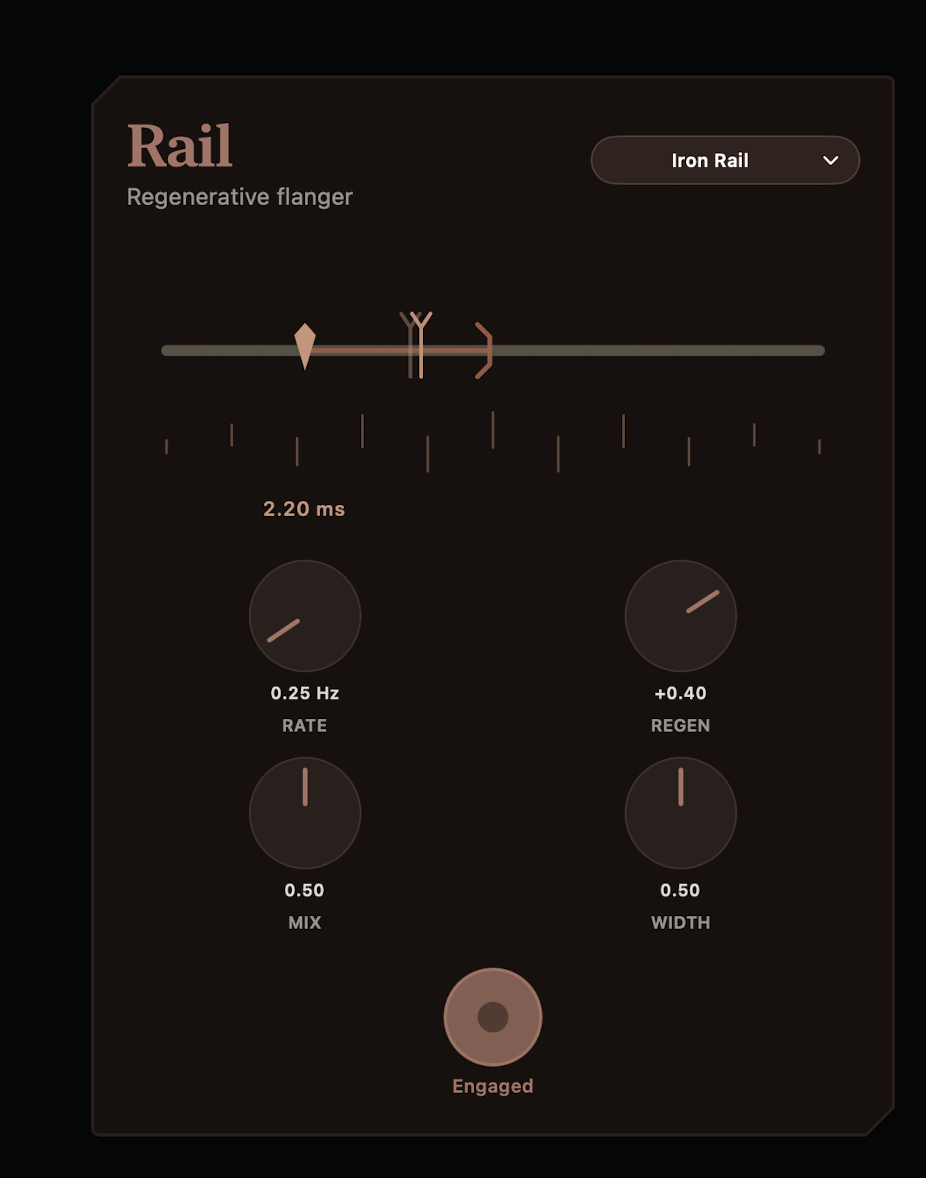 ToneRig RAIL Flanger controls with interactive delay rail, rate, regeneration, mix, and width