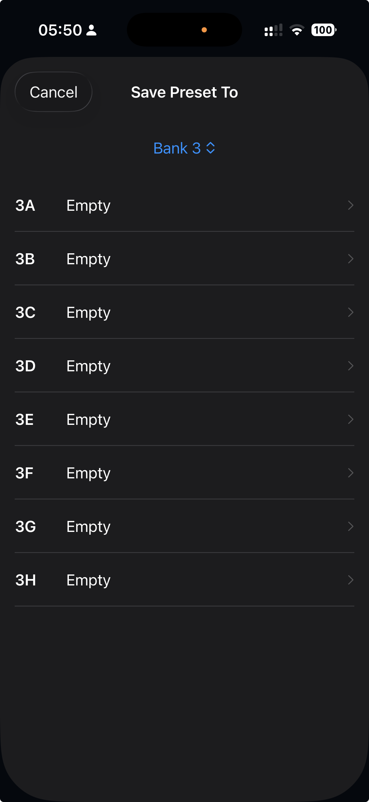 ToneRig Save Preset To picker showing all eight slots in Bank 3