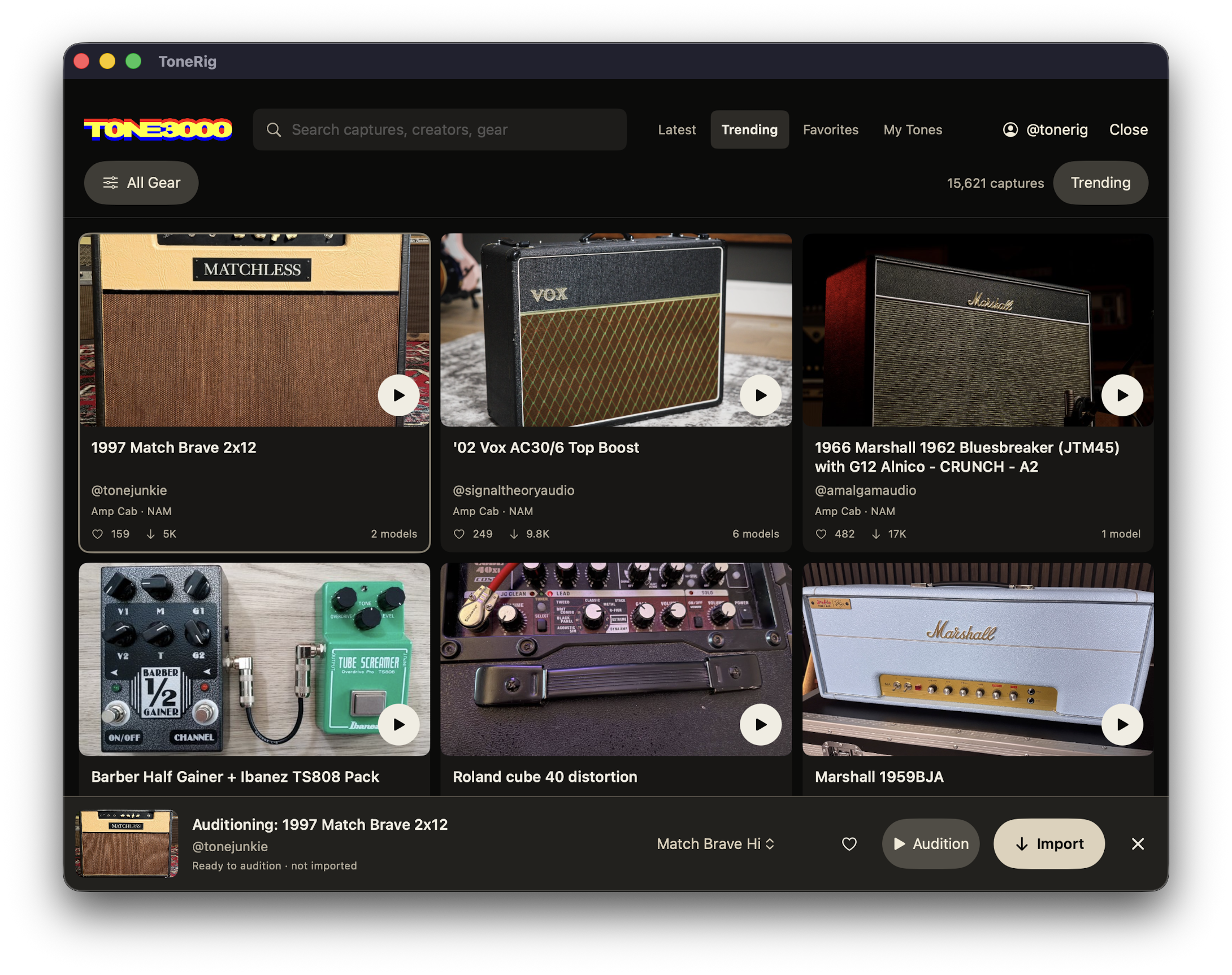 ToneRig native TONE3000 catalog showing search, feeds, capture cards, audition controls, and import