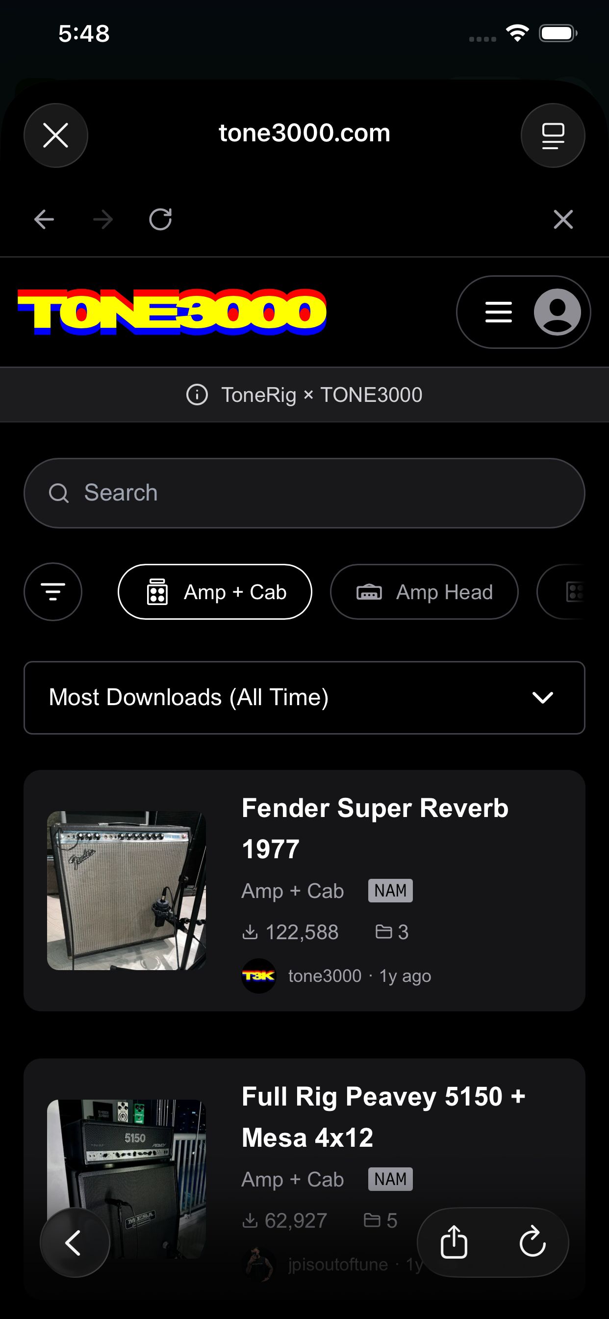 Browsing TONE3000 captures inside ToneRig