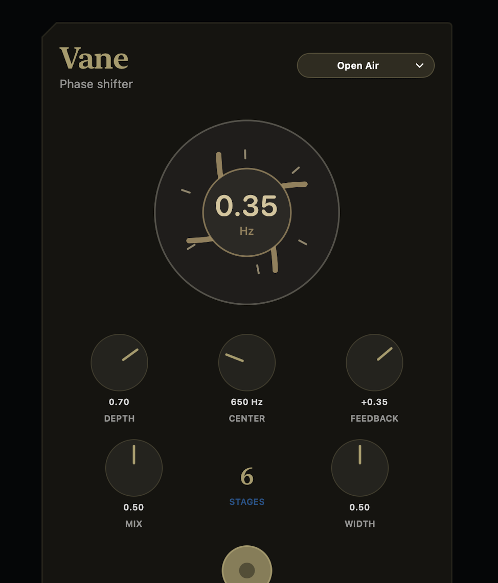 ToneRig VANE Phaser controls with animated sweep display, stage count, rate, depth, center, feedback, mix, and width