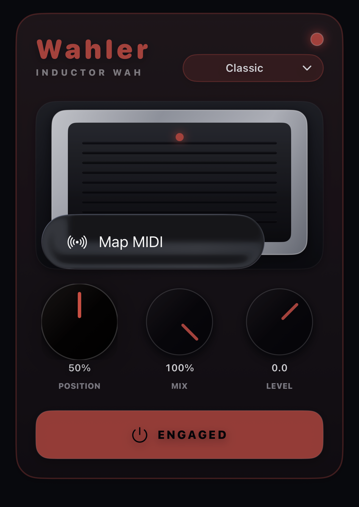 ToneRig Wah controls showing Map MIDI after holding the Position knob